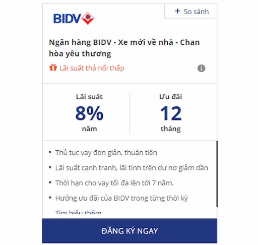 Hình thức vay thế chấp mua xe tại BIDV